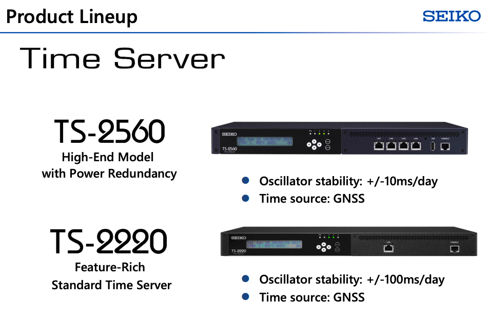 Perbandingan spesifikasi Seiko Time Server TS-2560 dan TS-2220 dari Bitdance Infra Technology.
