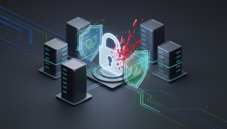 3D illustration of a shattered glowing padlock and servers representing a ransomware attack on digital infrastructure.