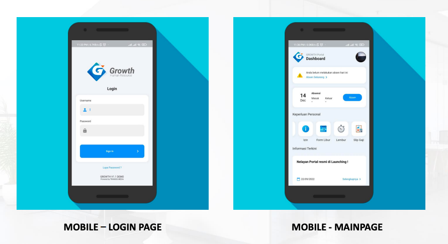 Tampilan menu utama aplikasi mobile Growth HRIS untuk efisiensi SDM.