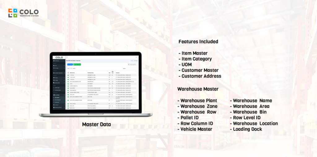 Tampilan master data lokasi gudang mencakup warehouse bin dan pallet ID sistem COLO WMS