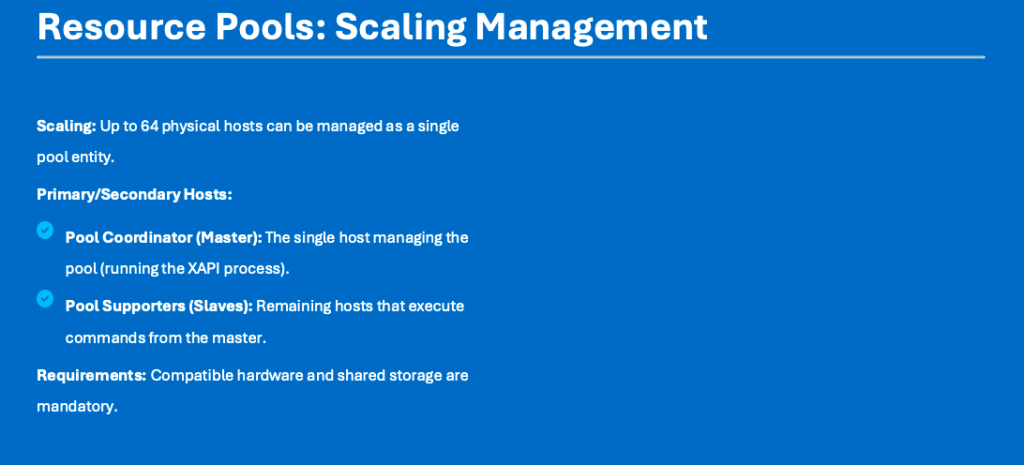 Konsep Scaling Management XenServer menggunakan Resource Pools dengan Pool Coordinator (Master) dan Supporters (Slaves).
