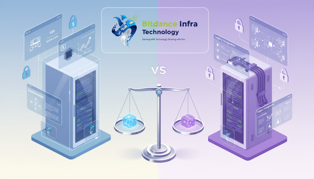Perbandingan visual infrastruktur data center antara XenServer (biru) dan VMware (ungu) dalam satu ruangan server.