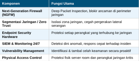 Tabel ringkasan komponen keamanan jaringan perusahaan yang mencakup NGFW, segmentasi jaringan, endpoint security, dan SIEM dari BitDance.