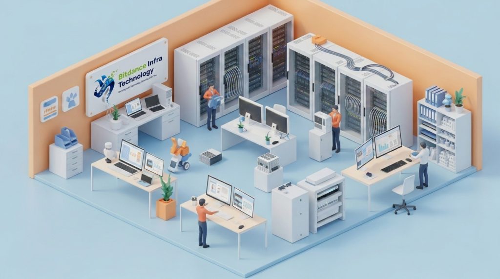 Ilustrasi isometrik operasional vendor IT hardware BitDance yang menyediakan solusi server dan infrastruktur IT enterprise.