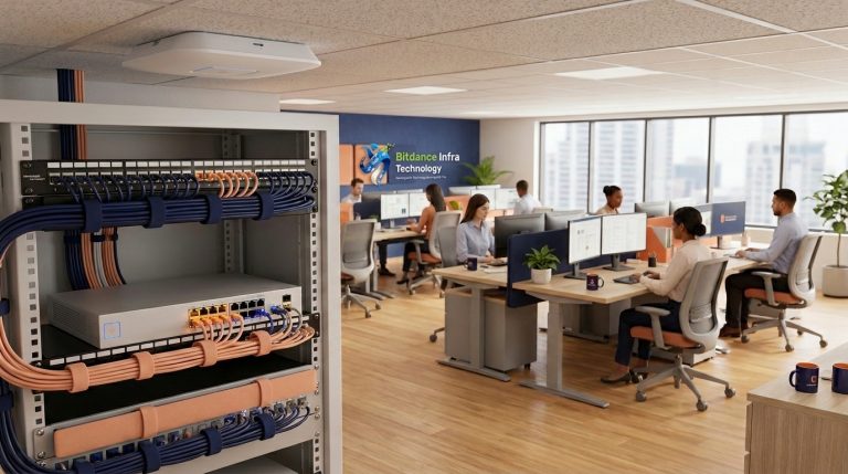 Perangkat jaringan kantor bisnis berkembang — router, switch, dan access point dari BitDance InfraTech