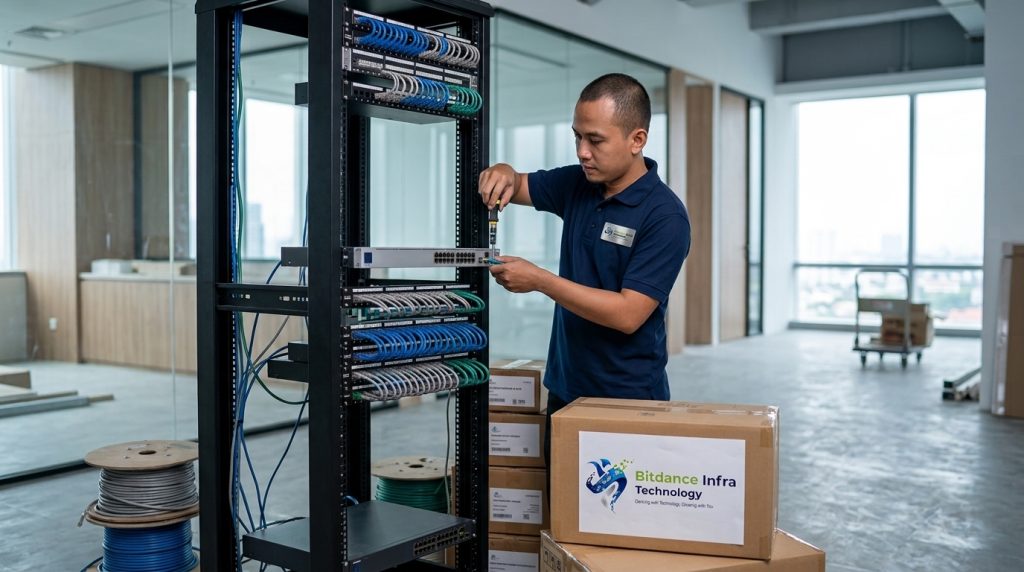 Teknisi memasang rack jaringan untuk pengadaan IT infrastruktur kantor cabang baru