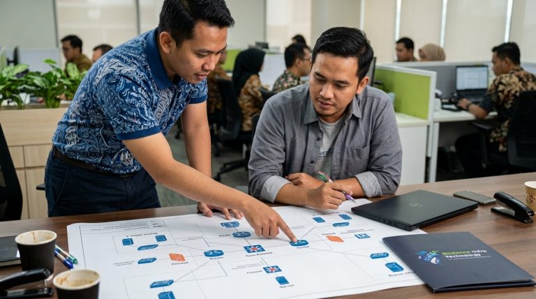 Tim IT meninjau diagram jaringan untuk standarisasi pengadaan IT infrastruktur kantor cabang
