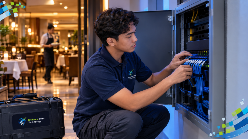 Teknisi IT Indonesia merapikan kabel jaringan di lemari switch belakang restoran fine dining